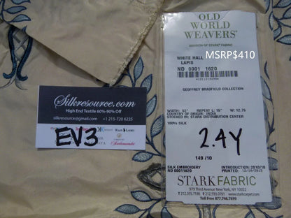 5 Ev3 2.4y Scalamandre White Hall Lapis Blue Silk Foliage Embroidery MSRP USD 410/Y