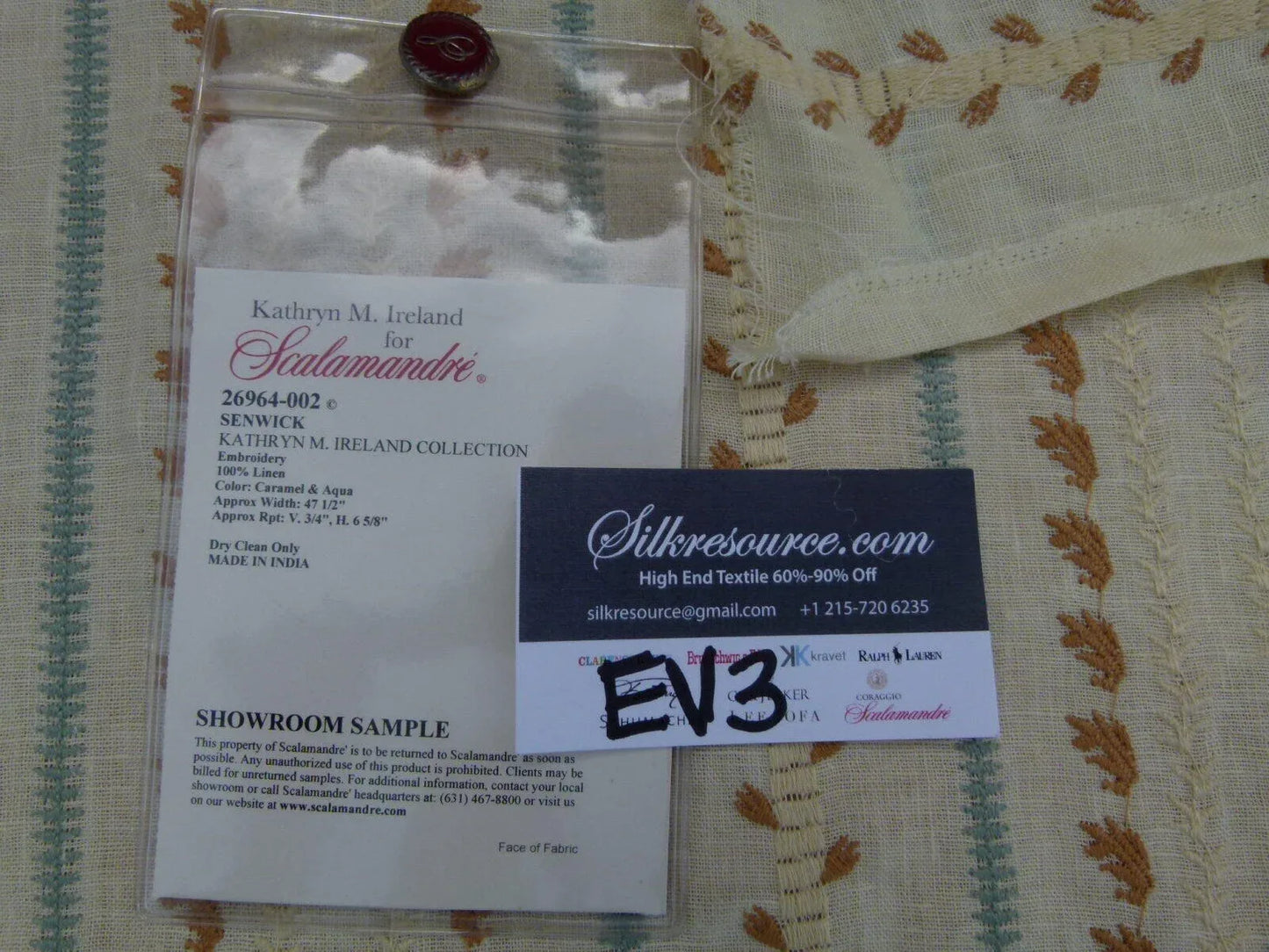6 Ev3 1.2y Scalamandre Senwick Linen Embroidery Stripe Caramel Aqua Cream Linen MSRP USD 398/Y