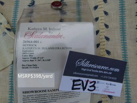 7 Ev3 1.2y Scalamandre Senwick Linen Embroidery Stripe Blue Cream Linen MSRP USD 398/Y