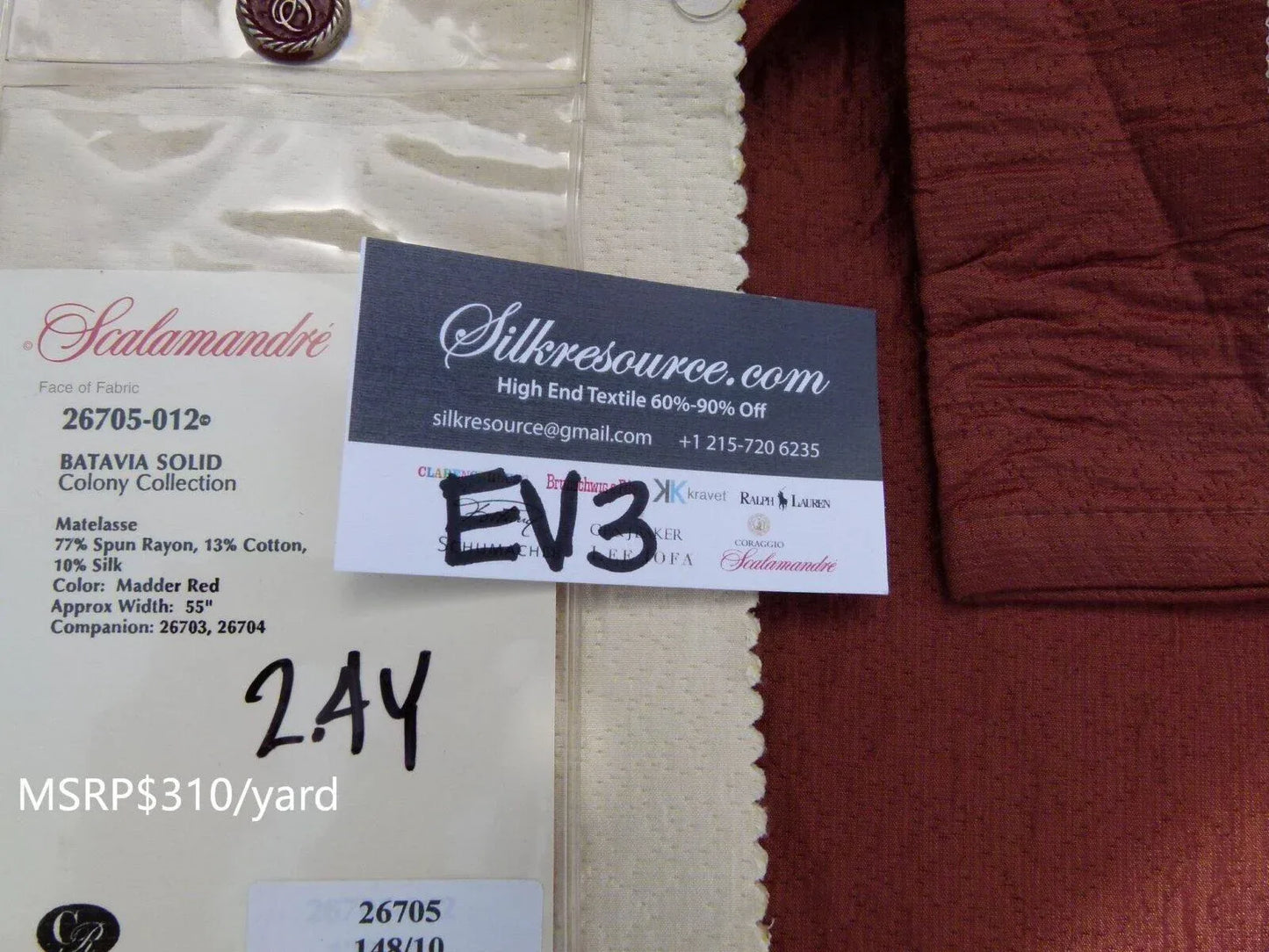 8 Ev3 Scalamandre 2.4y Batavia Matelasse Madder Red Solid MSRP USD 310/Y