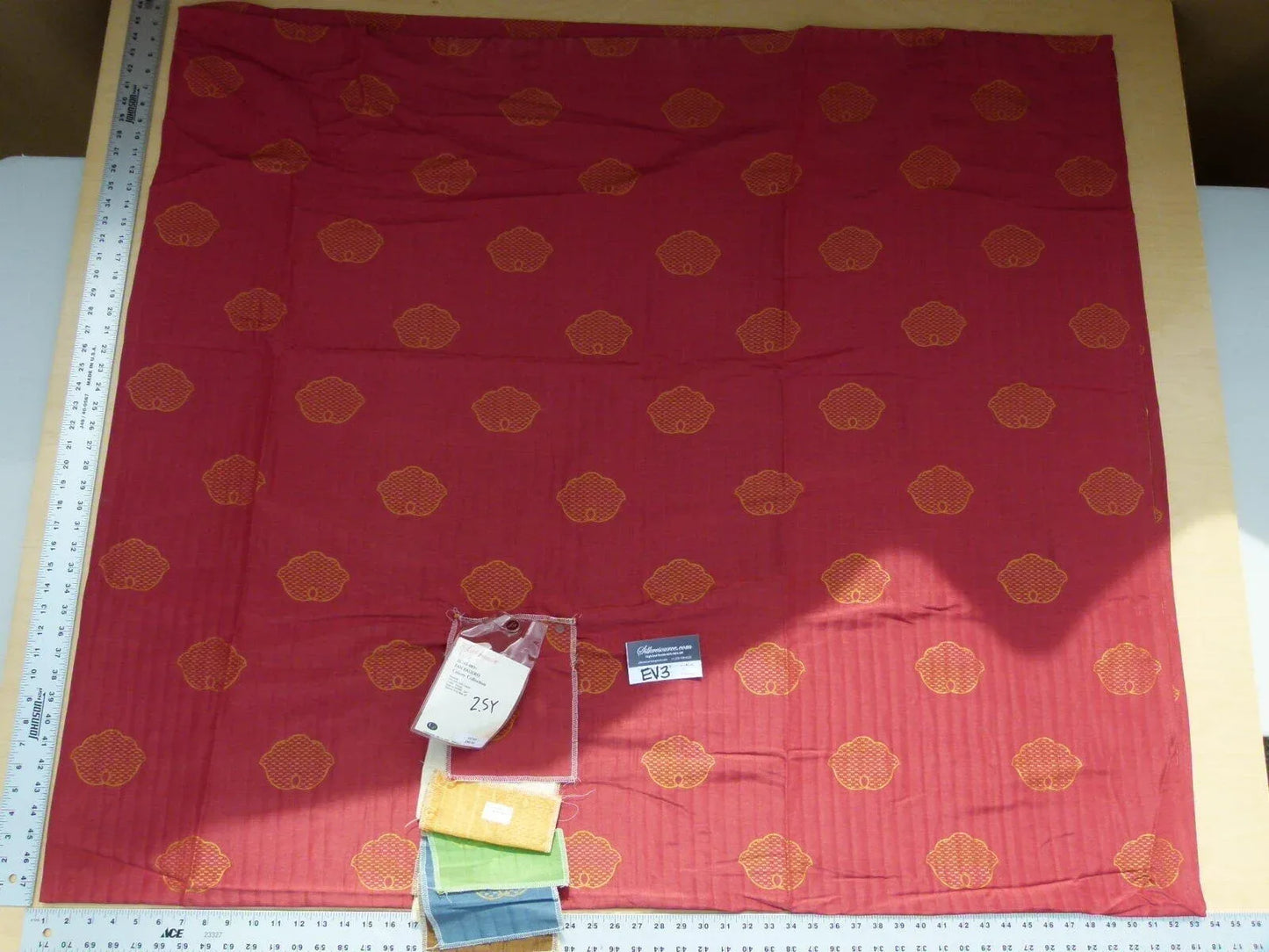 9 Ev3 2.5y Scalamandre Colony Fan Faliero Red Gold Silk Linen Damask MSRP USD 300/Y