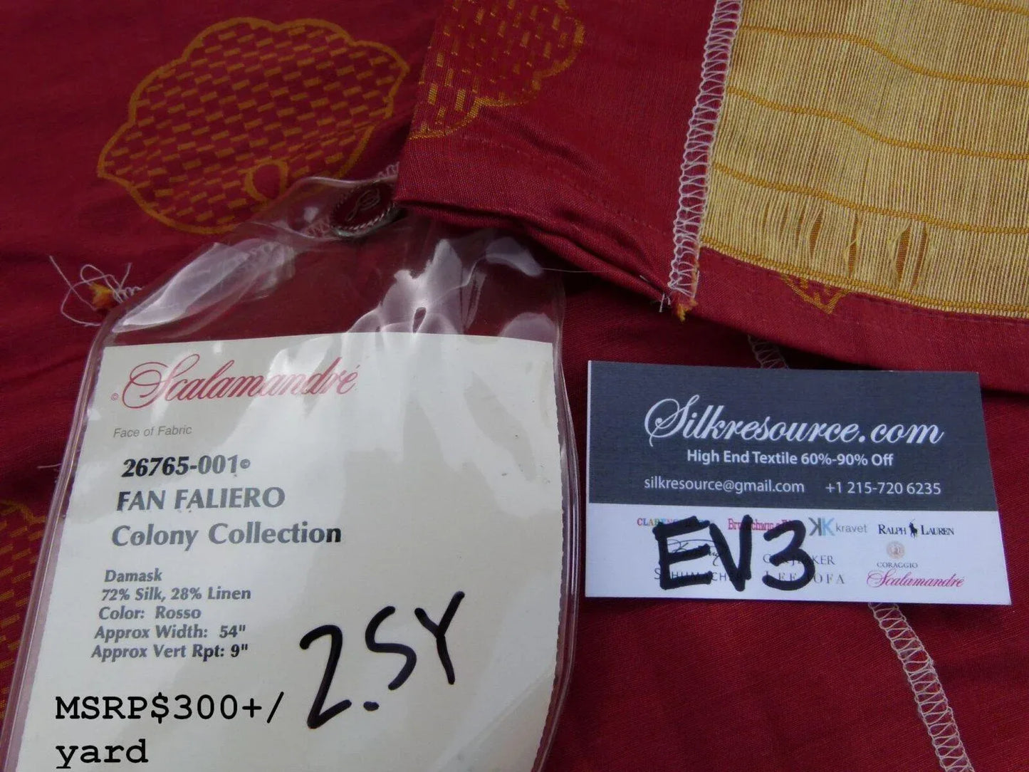 9 Ev3 2.5y Scalamandre Colony Fan Faliero Red Gold Silk Linen Damask MSRP USD 300/Y