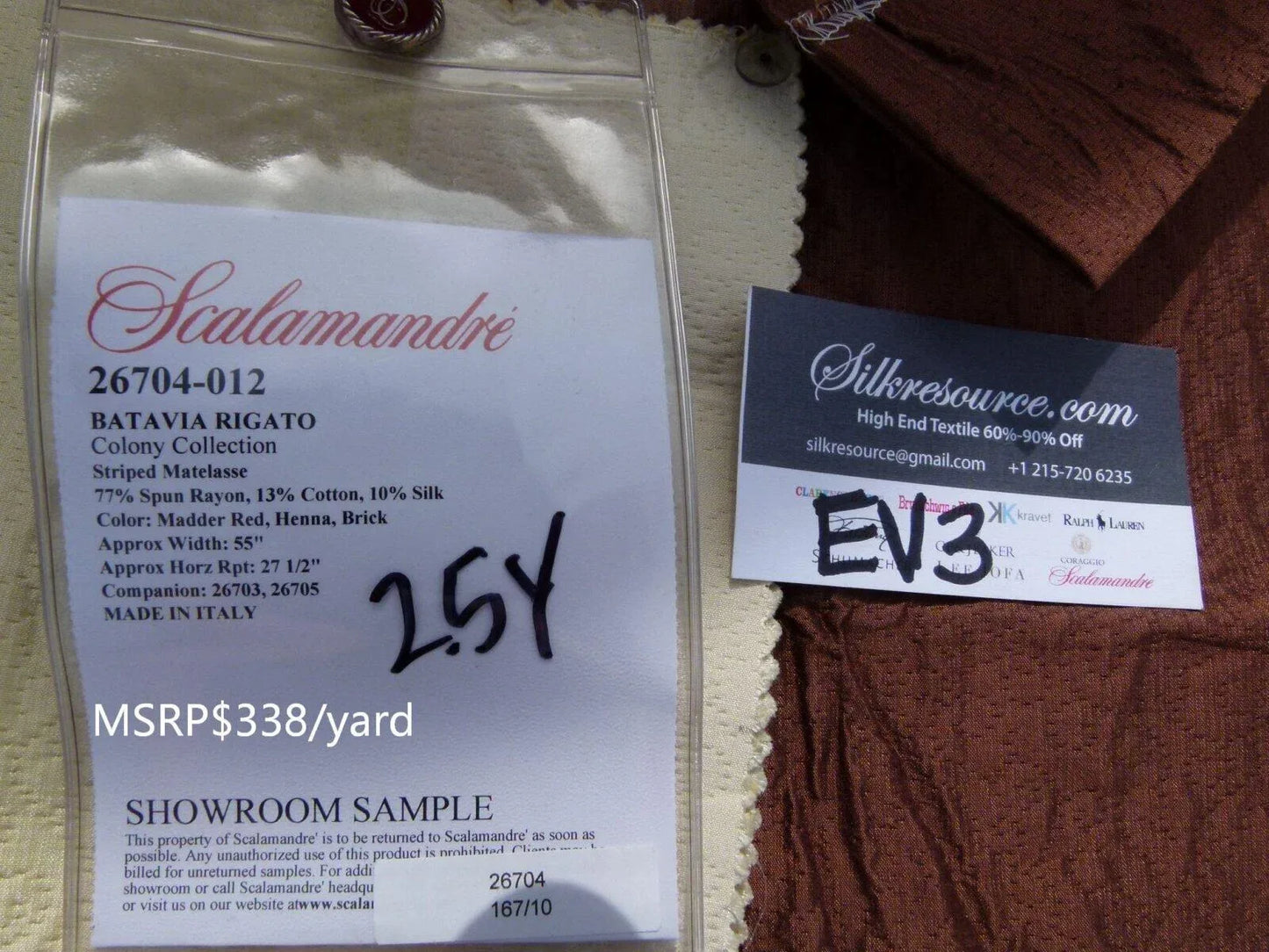 11 Ev3 2.5y Scalamandre Colony Batavia Rigato Matelasse Stripe Madder Red Henna Brick MSRP USD 338/Y