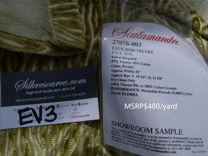 14 Ev3 Scalamandre 1.25y Faux Bois Peridot Green Velvet Jacquard MSRP USD 480/Y