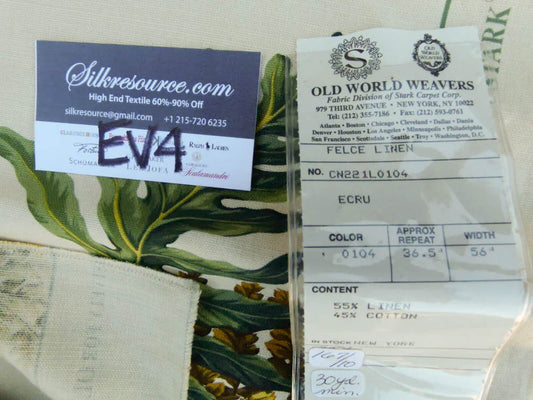 1 Ev4 Scalamandre 1.4 Y Felce Cotton Ecru Beige Cream Fern Turtle MSRP USD 276/Y