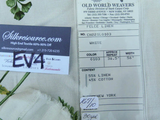 2 Ev4 Scalamandre 1.3y Felce Cotton Linen White Fern Turtle MSRP USD 276/Y