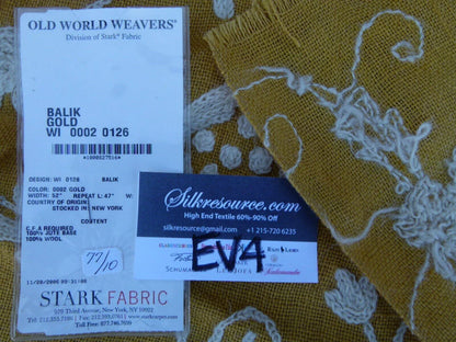 9 Ev4 Scalamandre 47"x43" Balik-gold Wool Crewel On Jute MSRP USD 152/Y