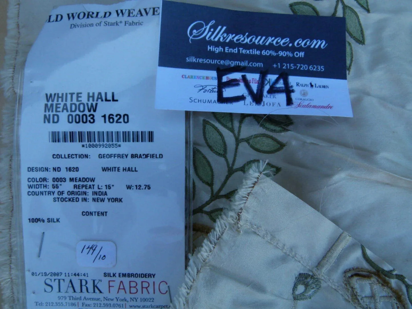 13 Ev4 Scalamandre 42" White Hall Meadow Green Beige Silk Foliage