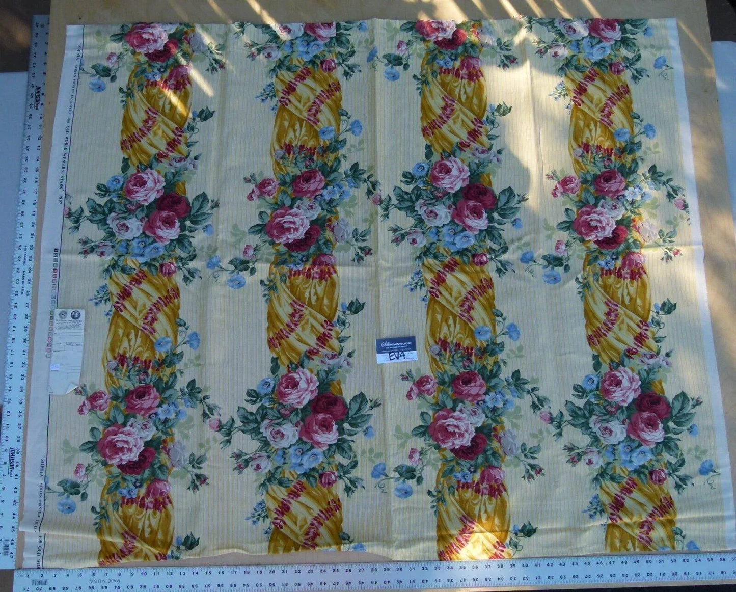 Scalamandre Sophia Yellow Floral Garland Stripe Linen Cotton - 46 Inches x 57"w