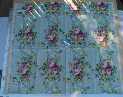 16 Ev4 Scalamandre 46" Sophia Blue Floral Rose and Sash Garland Stripe Linen Cotton print Trompe l'oeil