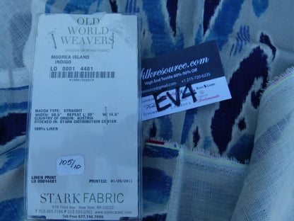 24 Ev4 1.2y Scalamandre Moorea Island Indigo Blue Tan Linen Print