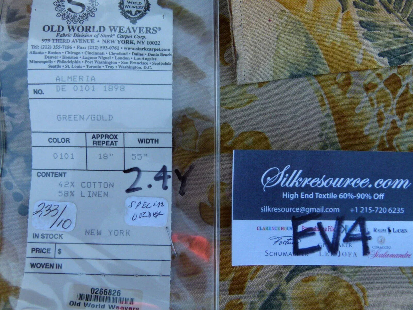 26 Ev4 Scalamandre 2.4y Almeria Green Gold Cotton  Linen Print