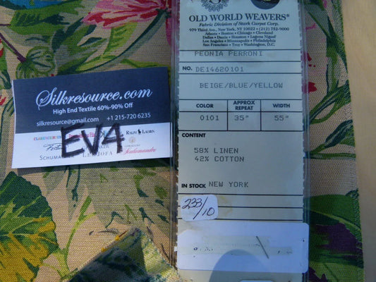 46 Ev4 1.2y Scalamandre Peonia Perroni Beige Blue Yellow Vibrant Flowers Linen Cotton Print