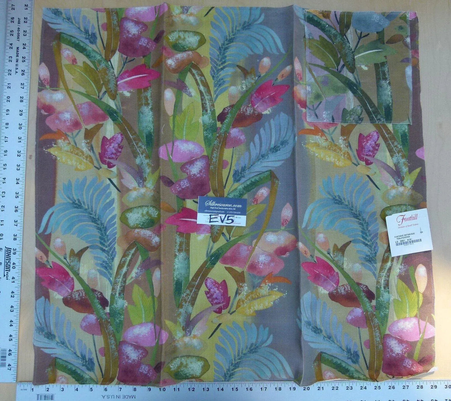3 Ev5 Scalamandre Square Showroom Sample Fantasy Botanique Teal Fuschia Pink Foliage Print