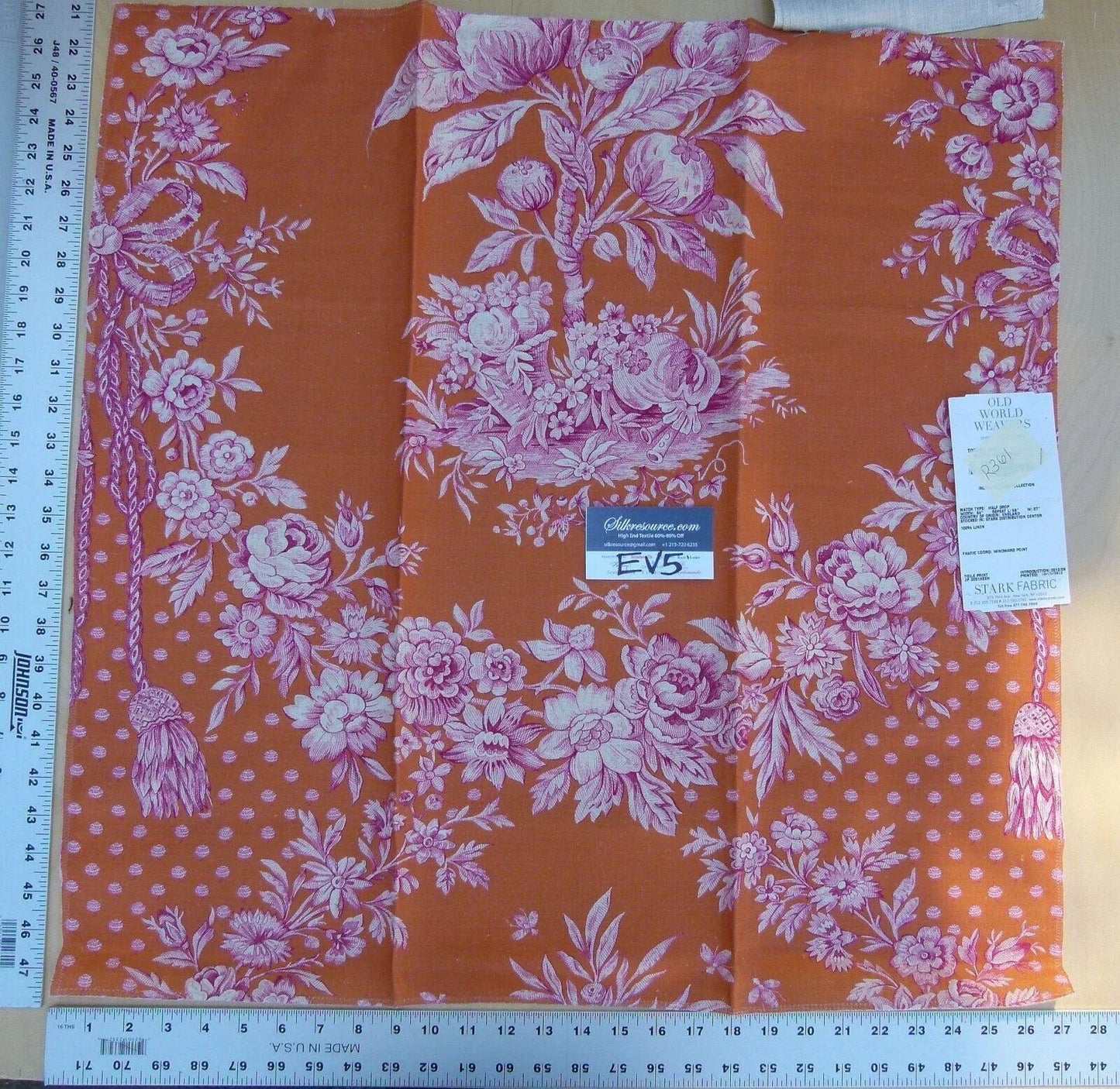 4 Ev5 Scalamandre Square Showroom Sample Tobago Hive Papaya Raspberry Orange Pink 100% Linen MSRP USD 280/Y