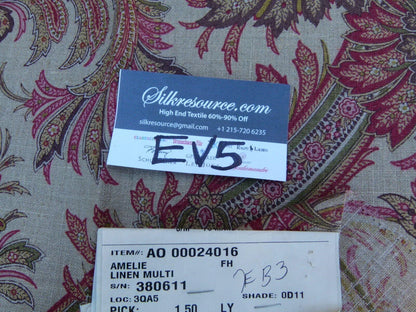 5 Ev5 Scalamandre Square Showroom Sample Amelie Multi Pink Brown Beige Jacobean Linen Print