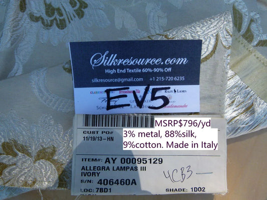 6 Ev5 Scalamandre Square Showroom Sample Allegra Lampas Iii Ivory Silk Metal Foliage MSRP USD 796/Y