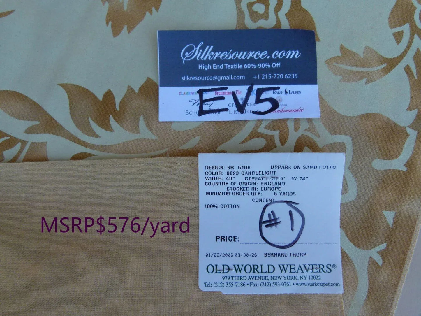 11 Ev5 34"x25" Scalamandre Showroom Sample Uppark Sand Tan Gold Cotton Floral Print MSRP USD 576/Y