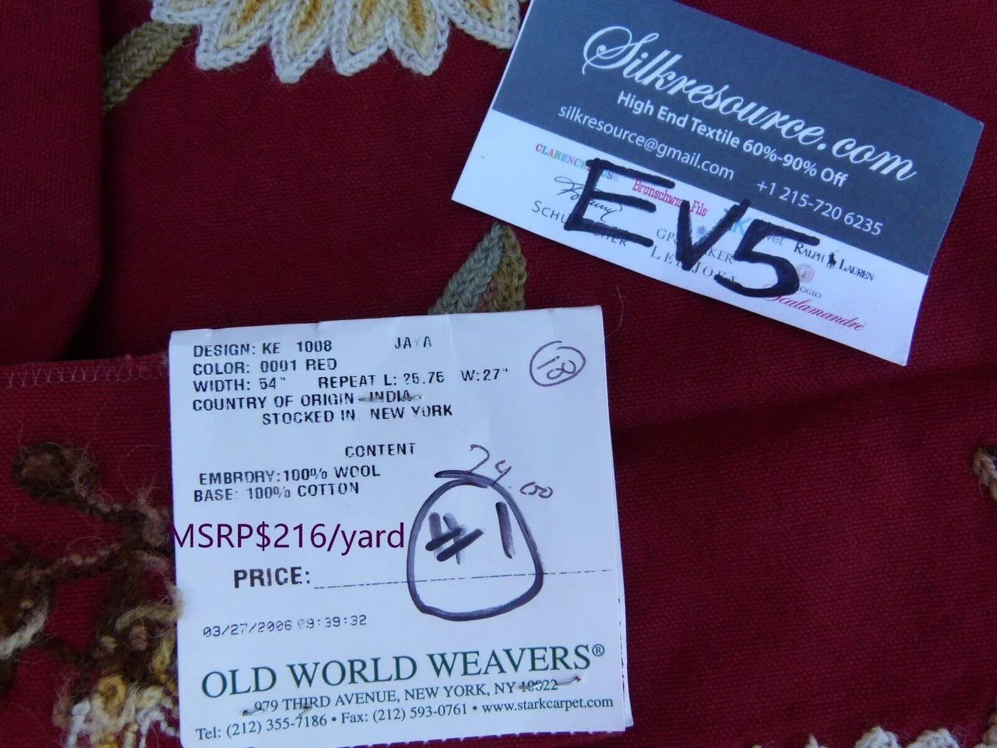 15 Ev5 Scalamandre 34"x29" Jaya Red Wool Chrysanthemum Embroidery On Cotton MSRP USD 216/Y