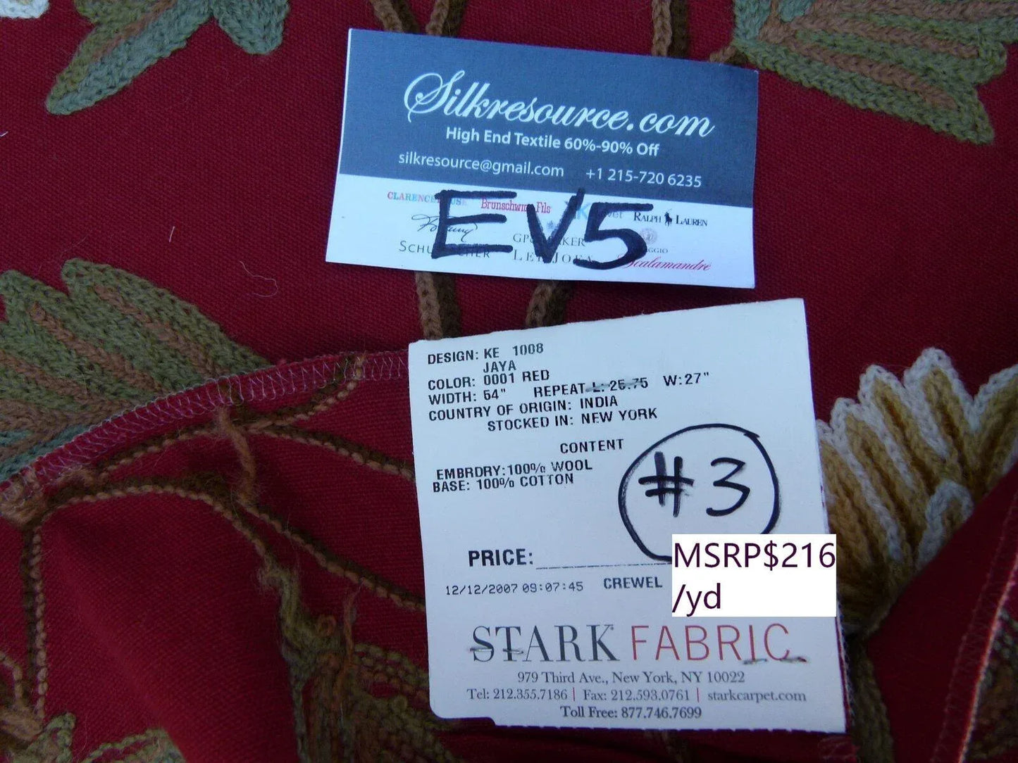 17 Ev5 Scalamandre 34"x29" Jaya Red Wool Chrysanthemum Embroidery On Cotton MSRP USD 216/Y