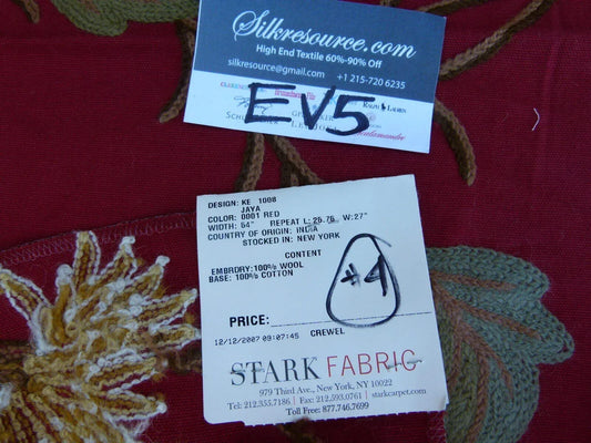 18 Ev5 Scalamandre 34"x29" Jaya Red Wool Chrysanthemum Embroidery On Cotton MSRP USD 216/Y