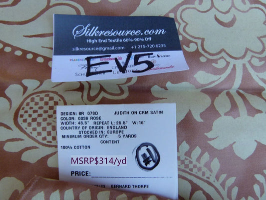 26 Ev5 33"x24"scalamandre Showroom Sample Judith On Cream Satin Rose Cotton Print MSRP USD 314/Y