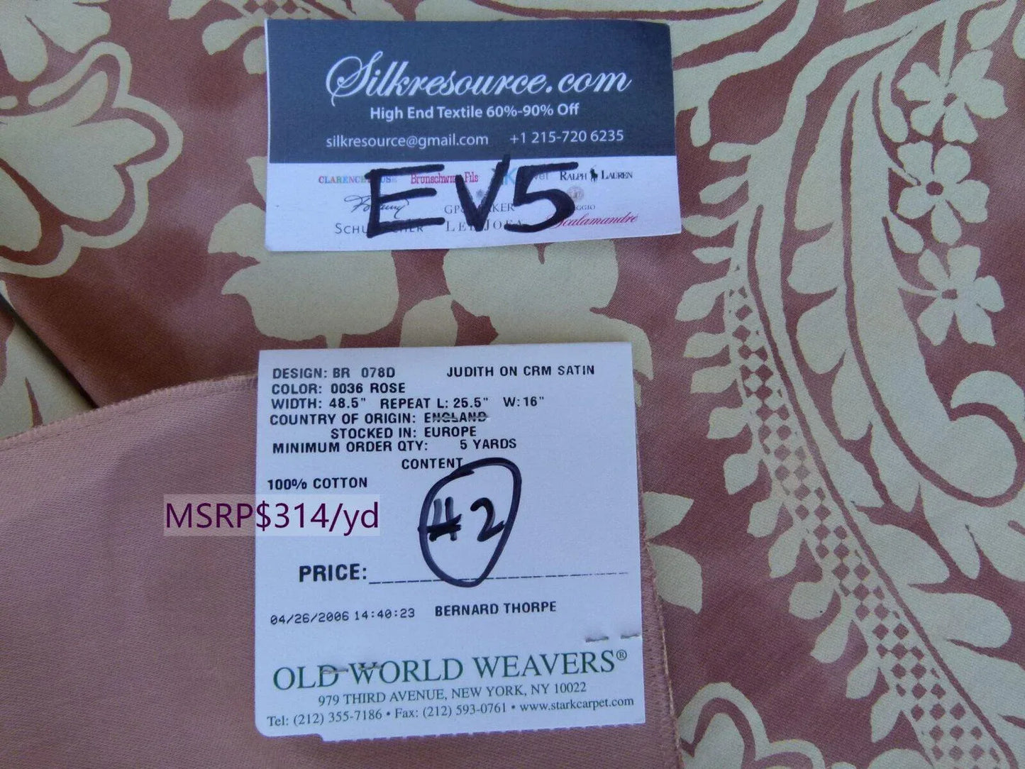 27 Ev5 33"x24"scalamandre Showroom Sample Judith On Cream Satin Rose Cotton Print MSRP USD 314/Y