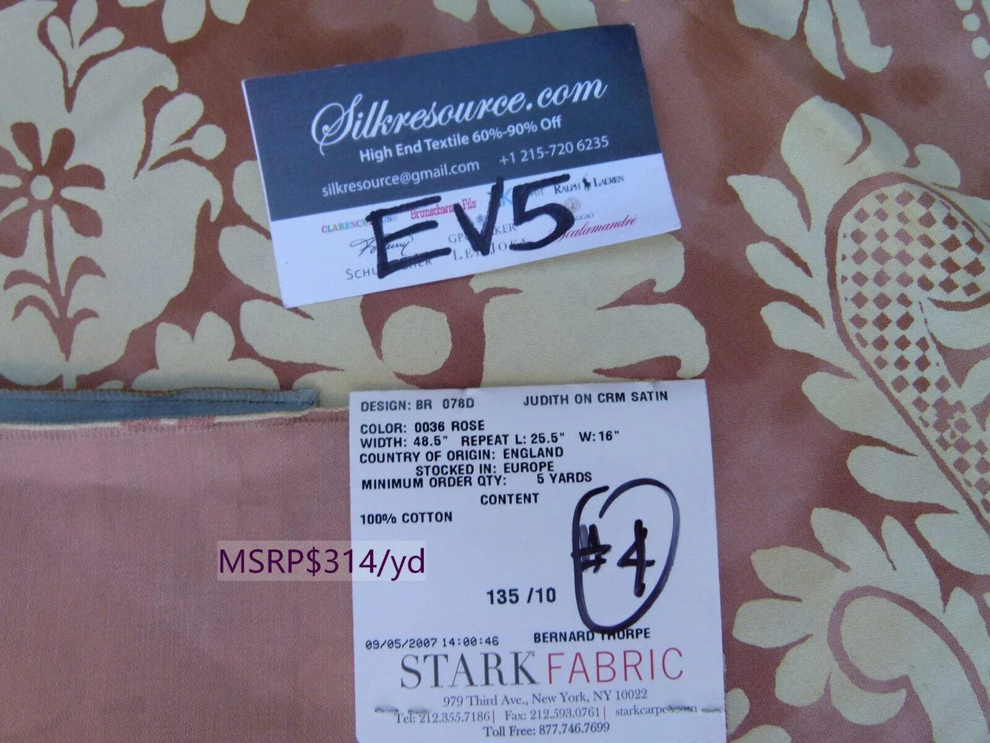 29 Ev5 35"x24"scalamandre Showroom Sample Judith On Cream Satin Rose Cotton Print MSRP USD 314/Y