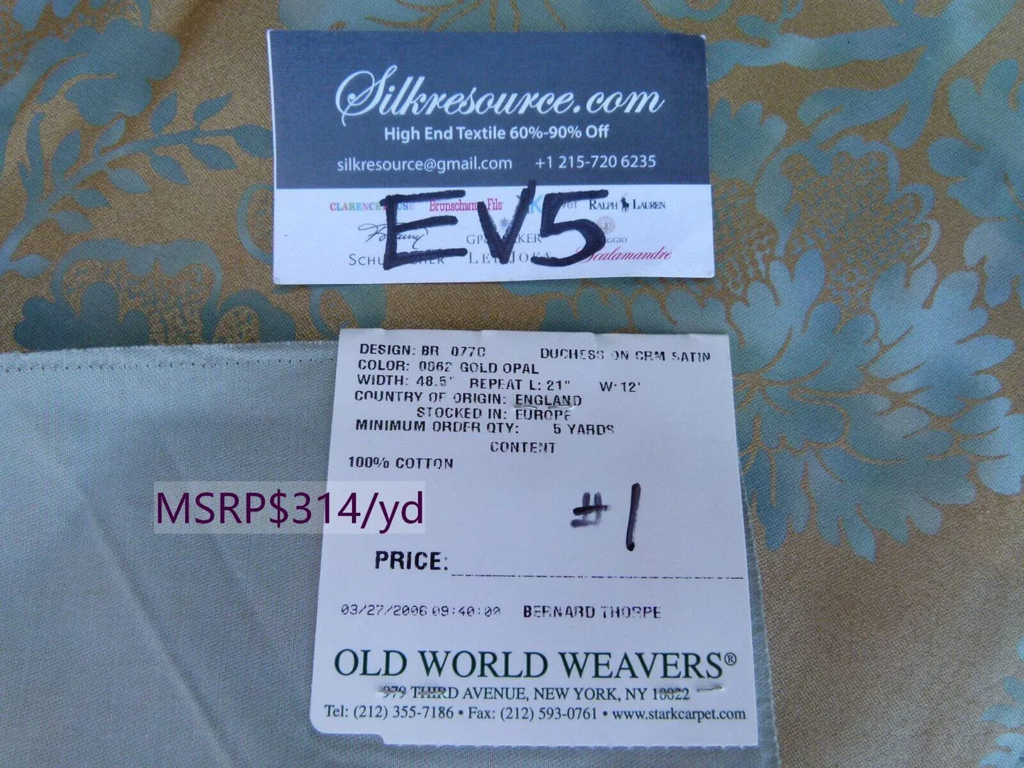 33 Ev5 35"x24" Scalamandre Showroom Sample Duchess On Cream Satin Gold Opal Blue Cotton Print MSRP USD 314/Y