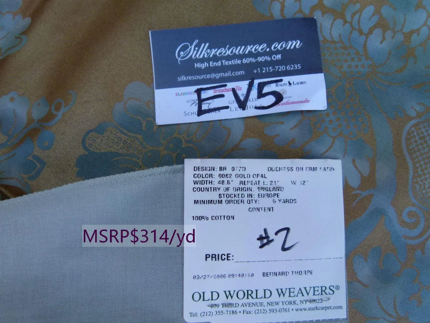 34 Ev5 35"x24" Scalamandre Showroom Sample Duchess On Cream Satin Gold Opal Blue Cotton Print MSRP USD 314/Y (copy)