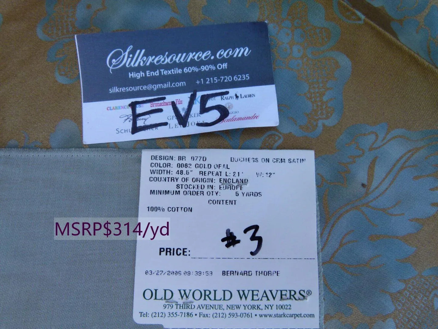 35 Ev5 35"x24" Scalamandre Showroom Sample Duchess On Cream Satin Gold Opal Blue Cotton Print MSRP USD 314/Y (copy)