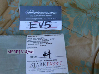 36 Ev5 35"x24" Scalamandre Showroom Sample Duchess On Cream Satin Gold Opal Blue Cotton Print MSRP USD 314/Y
