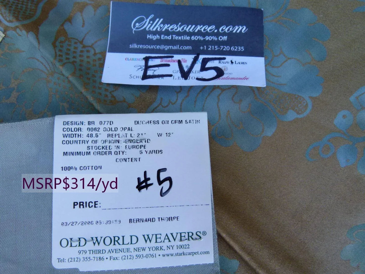 37 Ev5 35"x24" Scalamandre Showroom Sample Duchess On Cream Satin Gold Opal Blue Cotton Print MSRP USD 314/Y (copy)