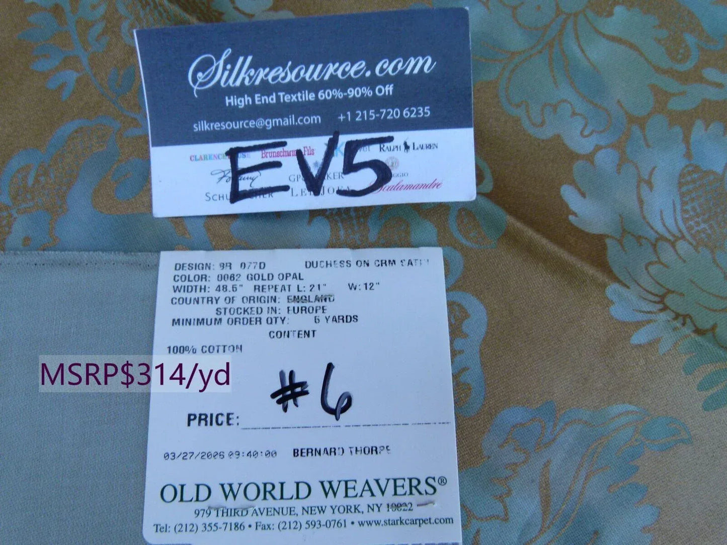 38 Ev5 35"x24" Scalamandre Showroom Sample Duchess On Cream Satin Gold Opal Blue Cotton Print MSRP USD 314/Y (copy)