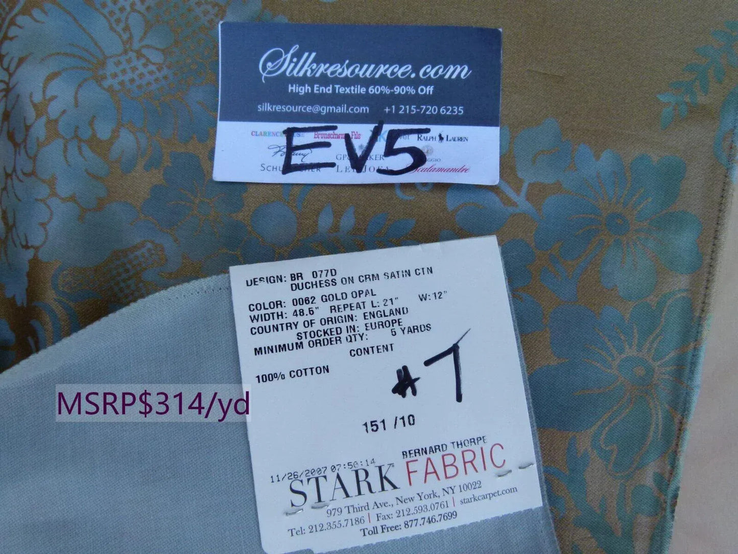 39 Ev5 35"x24" Scalamandre Showroom Sample Duchess On Cream Satin Gold Opal Blue Cotton Print MSRP USD 314/Y