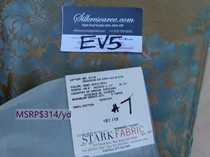 39 Ev5 35"x24" Scalamandre Showroom Sample Duchess On Cream Satin Gold Opal Blue Cotton Print MSRP USD 314/Y