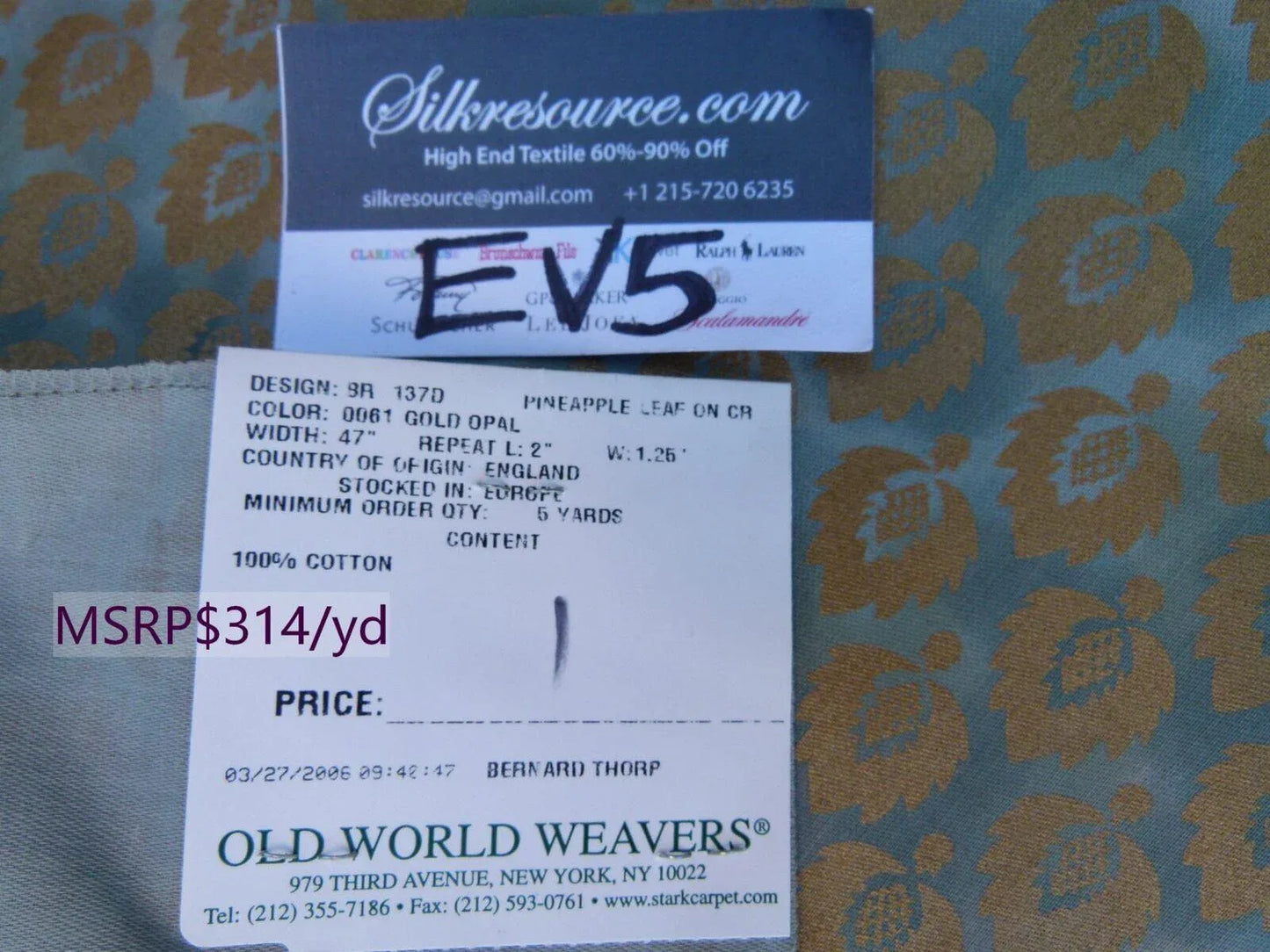 41 Ev5 33"x24" Scalamandre Showroom Sample Pineapple Leaf On Cream Gold Opal Blue MSRP USD 314/Y Per Piece