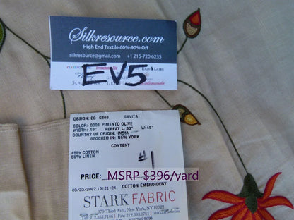 42 Ev5 34"x29"scalamandre Showroom Sample Savita Hand Embroidery Linen Crewel Cotton Linen MSRP USD 396/Y