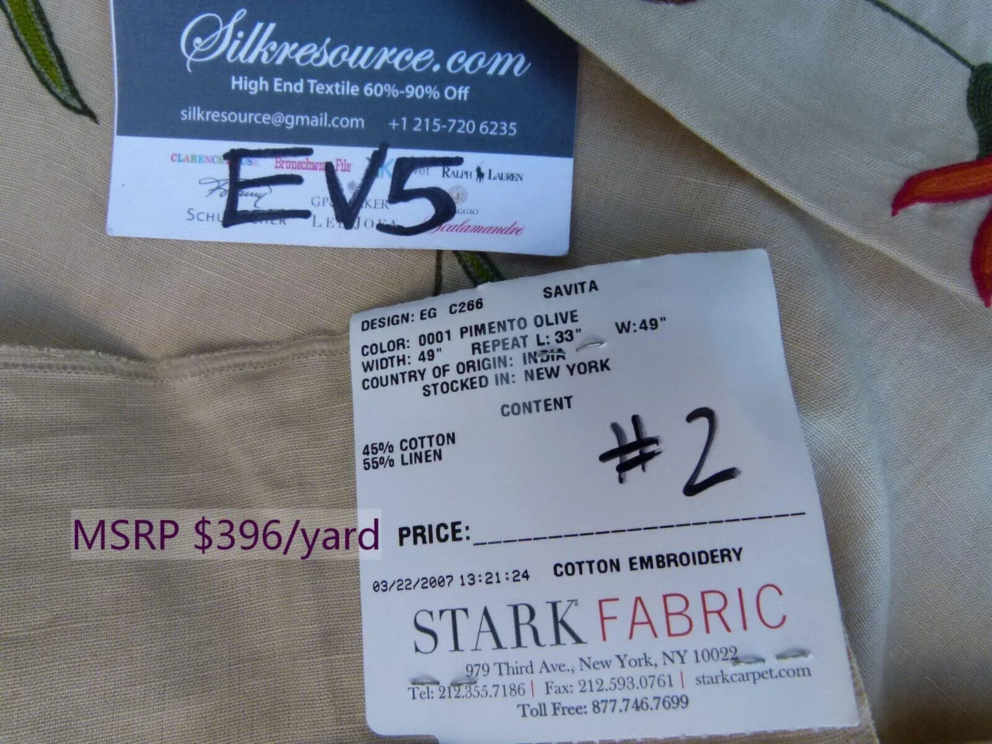 43 Ev5 34"x29"scalamandre Showroom Sample Savita Hand Embroidery Linen Crewel Cotton Linen MSRP USD 396/Y