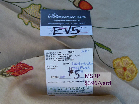 46 Ev5 34"x29"scalamandre Showroom Sample Savita Hand Embroidery Linen Crewel Cotton Linen MSRP USD 396/Y