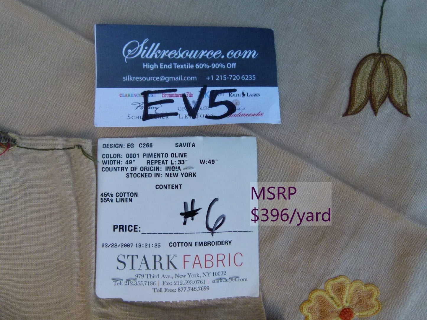 47 Ev5 34"x29"scalamandre Showroom Sample Savita Hand Embroidery Linen Crewel Cotton Linen MSRP USD 396/Y