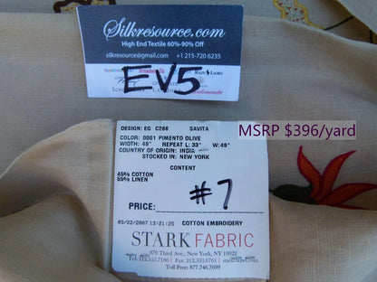 48 Ev5 34"x29"scalamandre Showroom Sample Savita Hand Embroidery Linen Crewel Cotton Linen MSRP USD 396/Y (copy)