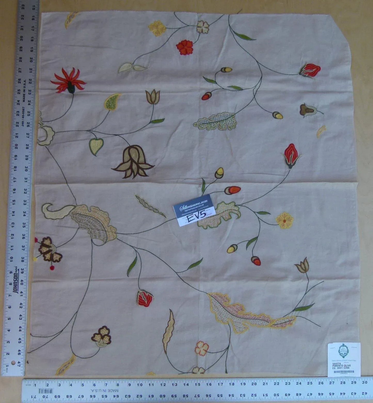 50 Ev5 34"x29"scalamandre Showroom Sample Savita Hand Embroidery Linen Crewel Cotton Linen MSRP USD 396/Y