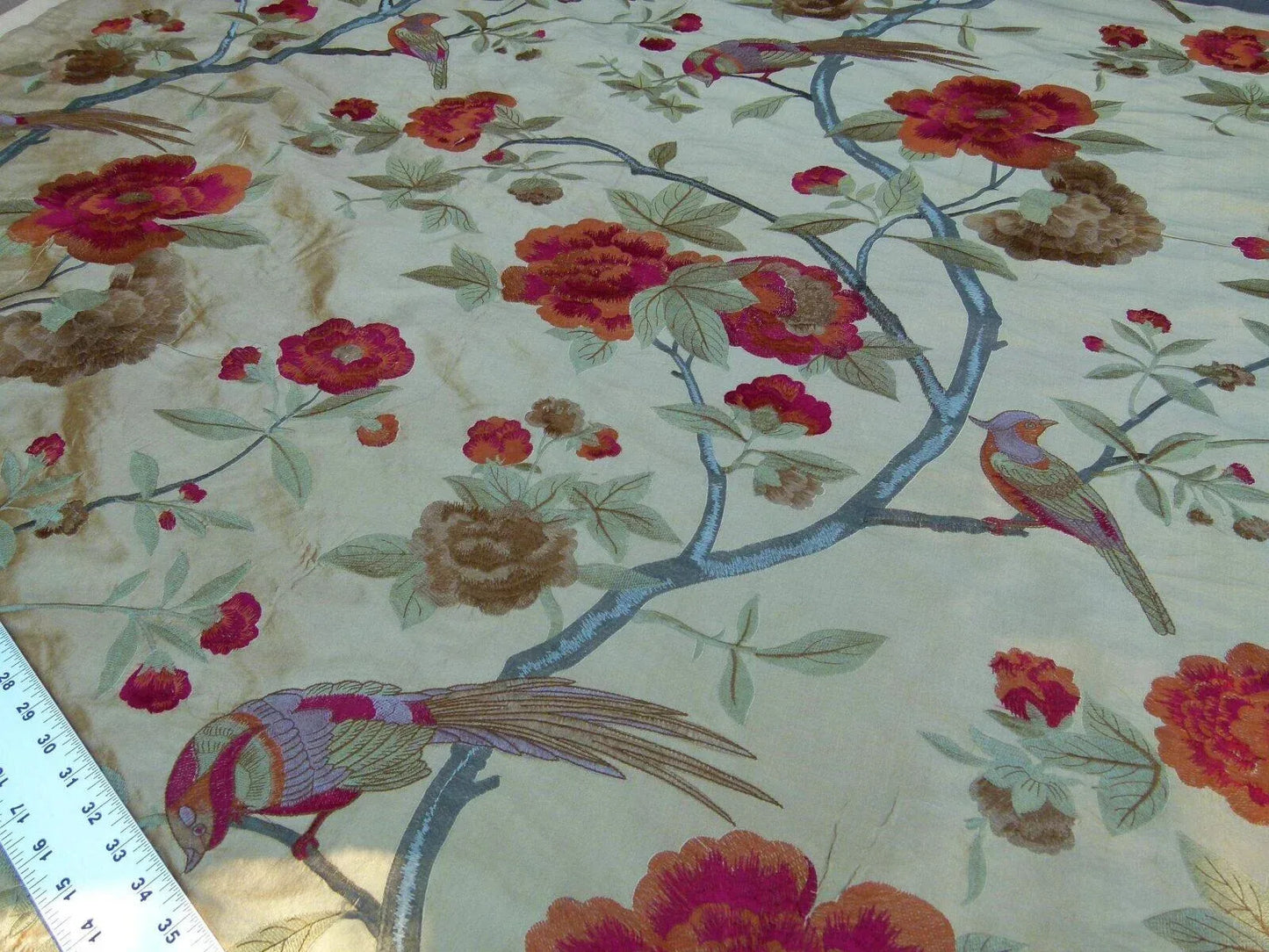 Scalamandre Palash Embroidery Parrot Bird Flower Tree of Life Palampore Tree Peony Red Gold Chnoiserie MSRP USD 332/yard