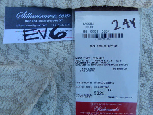 8 Ev6 2.4y Scalamandre Showroom Length Tassali Craie Woven Jacquard Beige Cream Geometric Stripe MSRP USD 326/Y