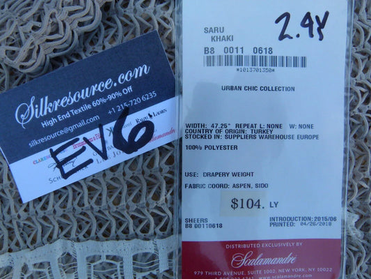 17 Ev6 2.4y Scalamandre Showroom Length Saru Khaki Open Weave Sheer MSRP USD 104/Y