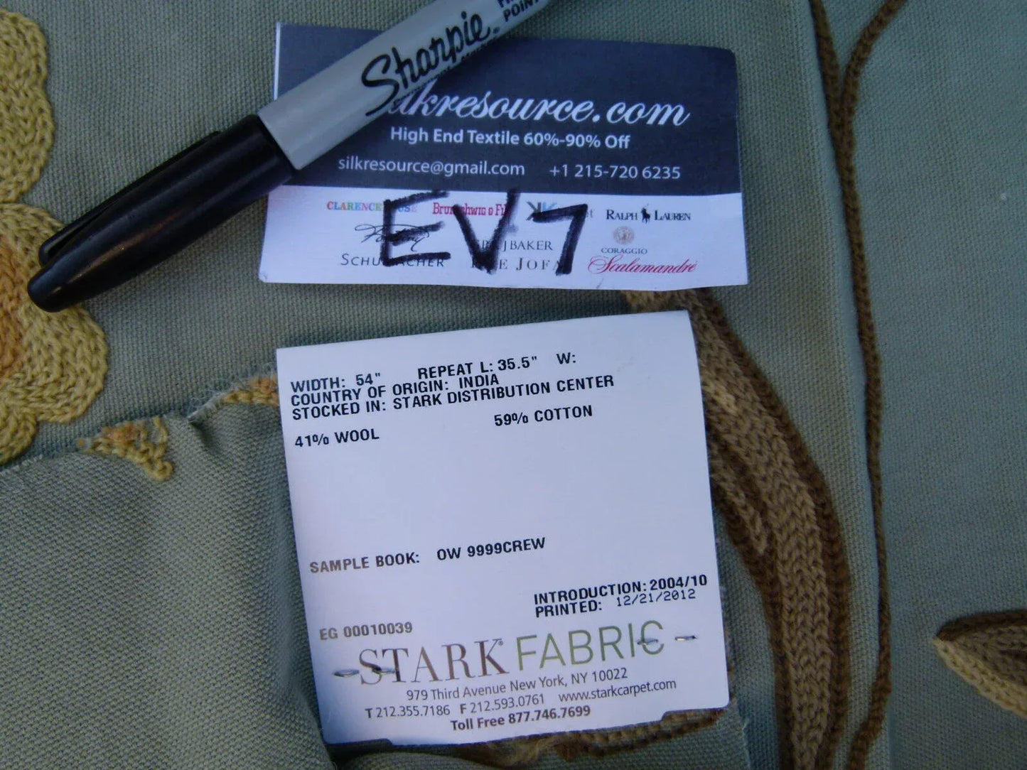 7 Ev7 Scalamandre Showroom Sample Square Sindia Green Wool Crewel Floral MSRP USD 300/Y