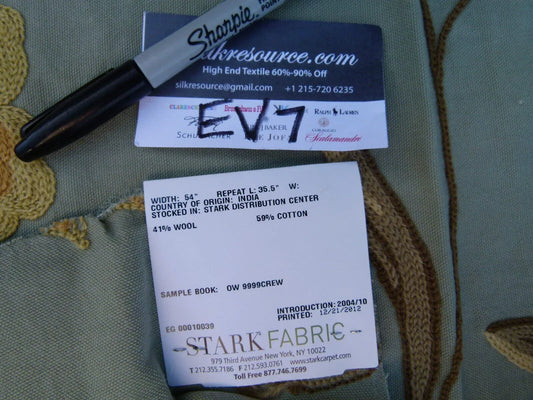 7 Ev7 Scalamandre Showroom Sample Square Sindia Green Wool Crewel Floral MSRP USD 300/Y