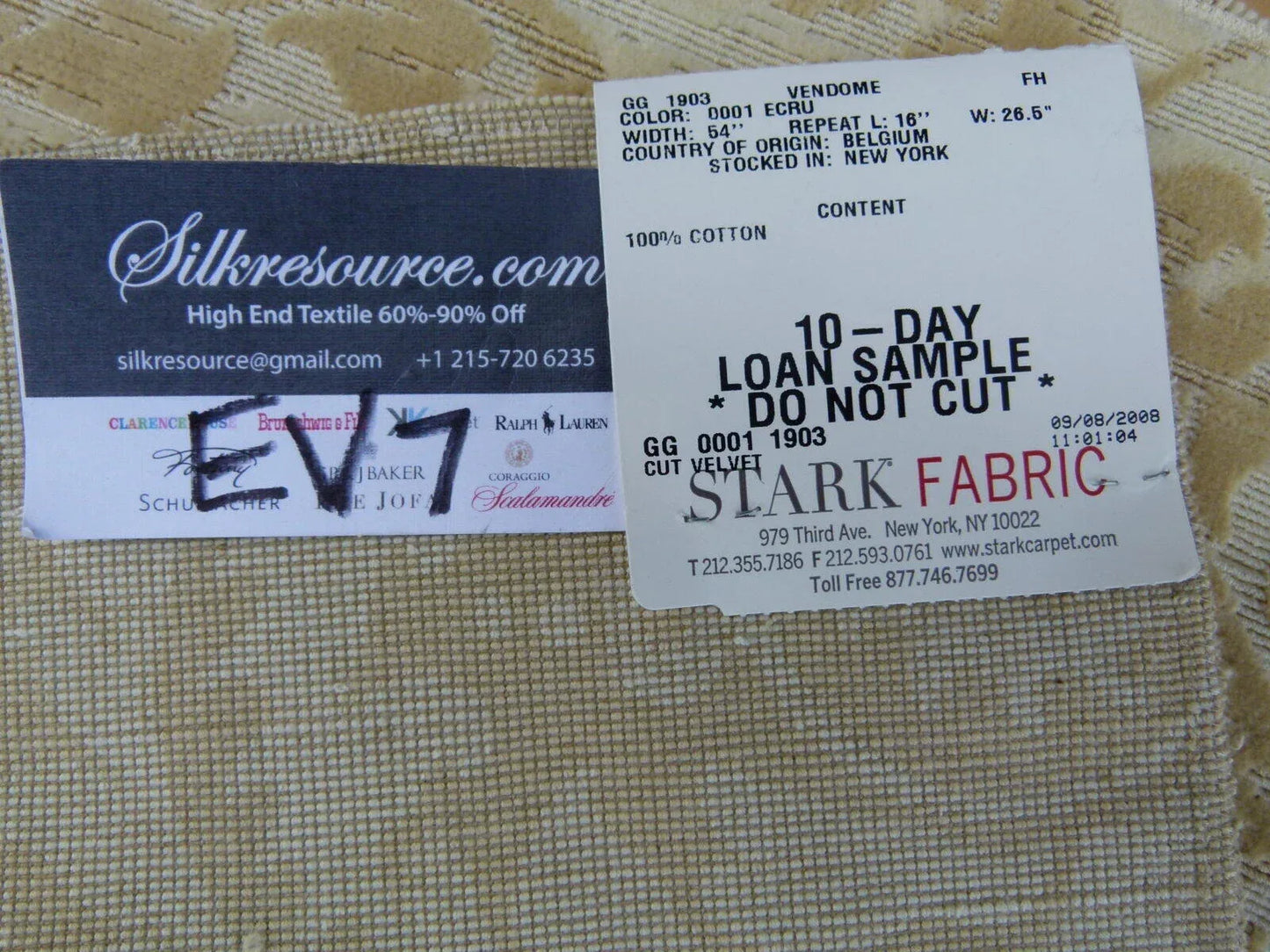 17 Ev7 Scalamandre Showroom Sample 26"x16" Vendome Ecru Tan Cotton Cut Velvet Floral