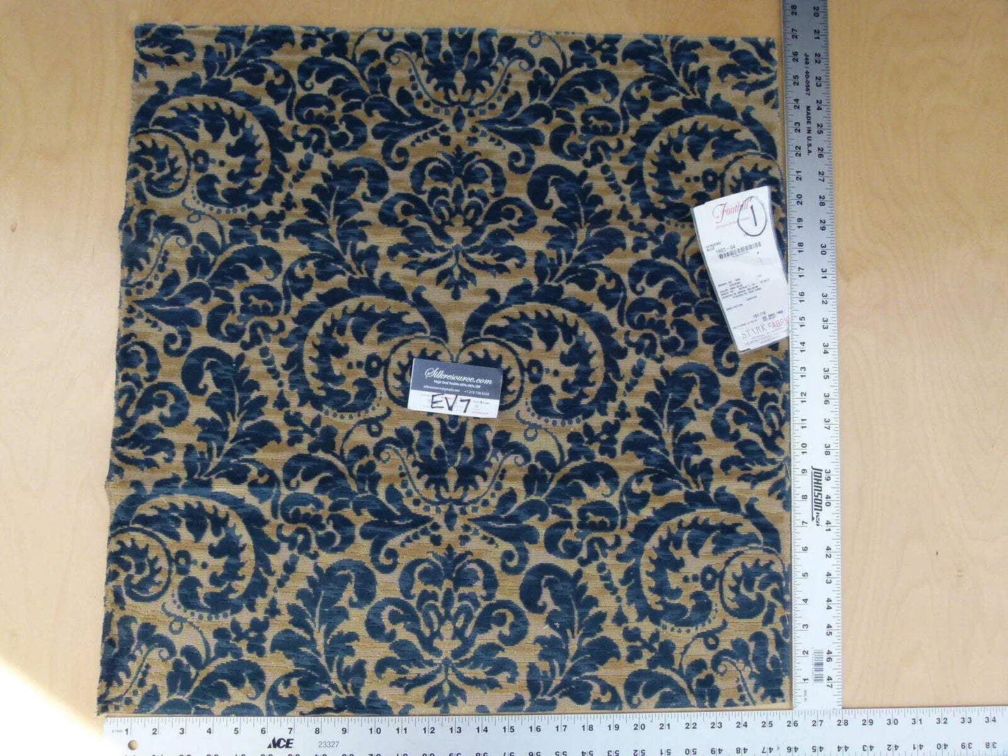 18 Ev7 Scalamandre Showroom Sample Square Vendome Blue Tan Cotton Cut Velvet Floral